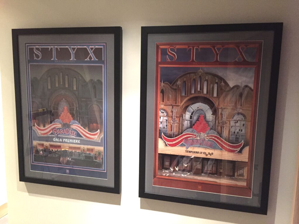 finished Styx "Paradise Theater" posters hung outside Undisclosed Location Studios control room