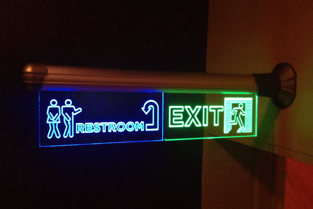 The lighted sign at the door to our screening room