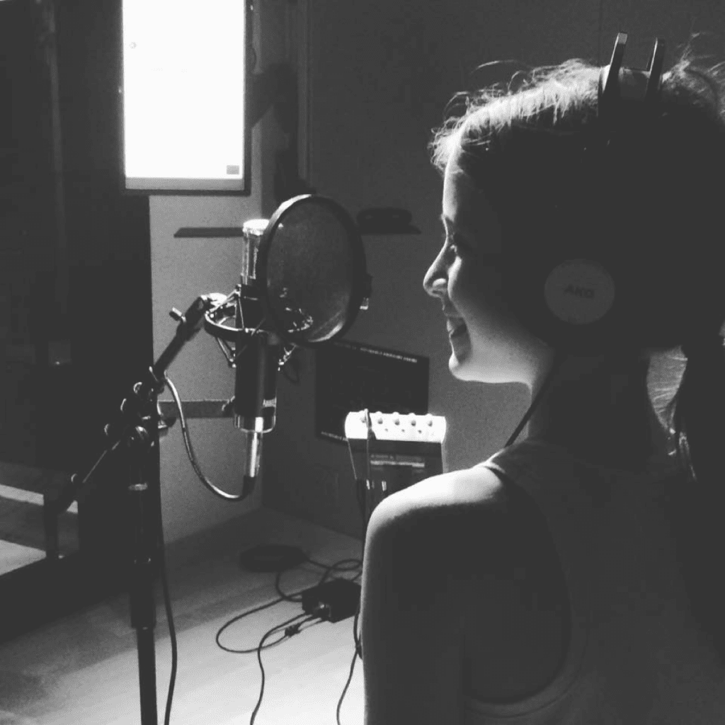Kate on the microphone at Undisclosed Location Studios in July 2016